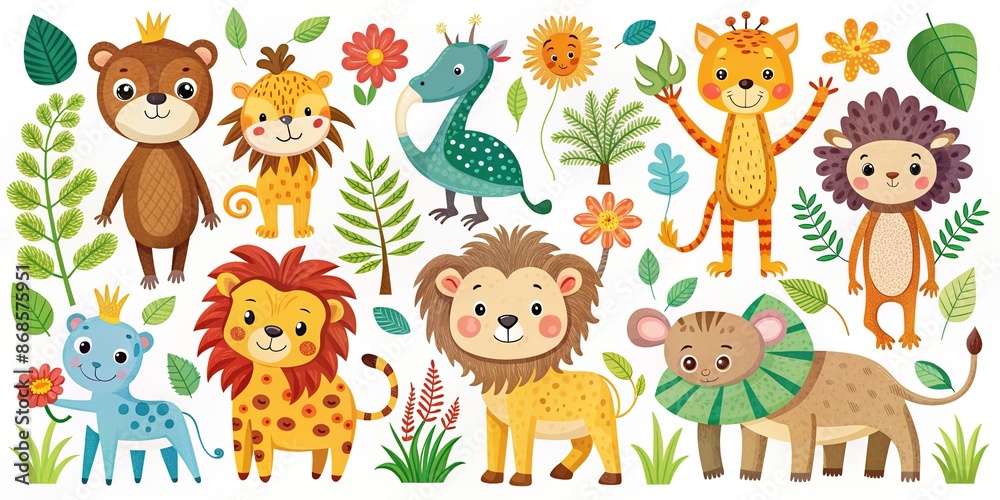 Fototapeta premium Whimsical woodland animals clipart set featuring jungle creatures like monkeys, giraffes, and lions in vibrant colors, perfect for nursery prints and kids illustration.