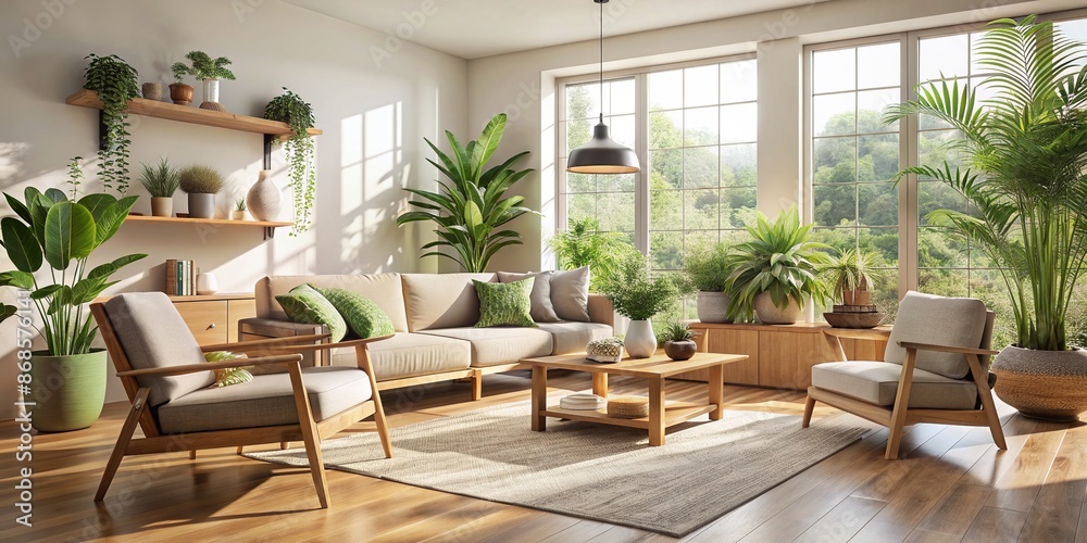 Fototapeta premium Serene minimalist living room bathed in warm natural light, featuring wooden furniture, lush green plants, and soft textiles, evoking feelings of calm and tranquility.