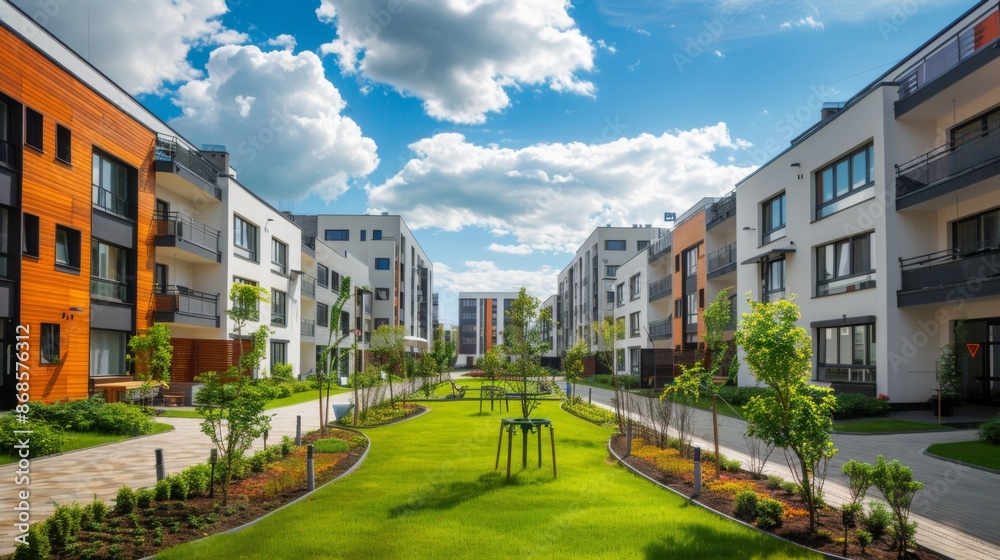 Residential area with ecological and sustainable green residential buildings, low-energy houses with apartments and green Residential area with ecological and sustainable green residential buildings, low-energy houses with apartments and green