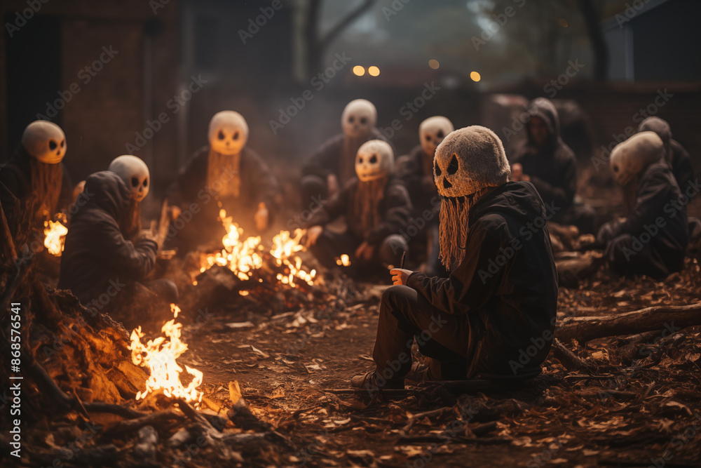 A community Halloween bonfire event, with people in costumes, toasting marshmallows, and telling ghost stories A community Halloween bonfire event, with people in costumes, toasting marshmallows, and telling ghost stories