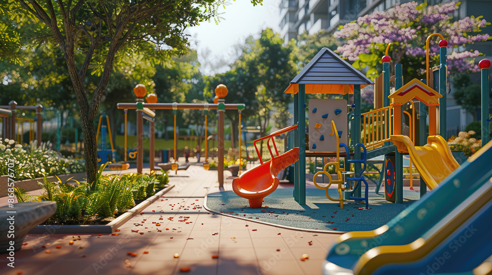 Fototapeta premium Children delight in the diverse toys of the playground--slides, swings, and climbing structures. Each prompt captures the essence of dynamic and imaginative play.