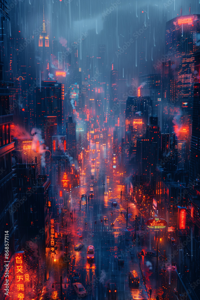 Obraz premium A city scene surrounded by fog at night