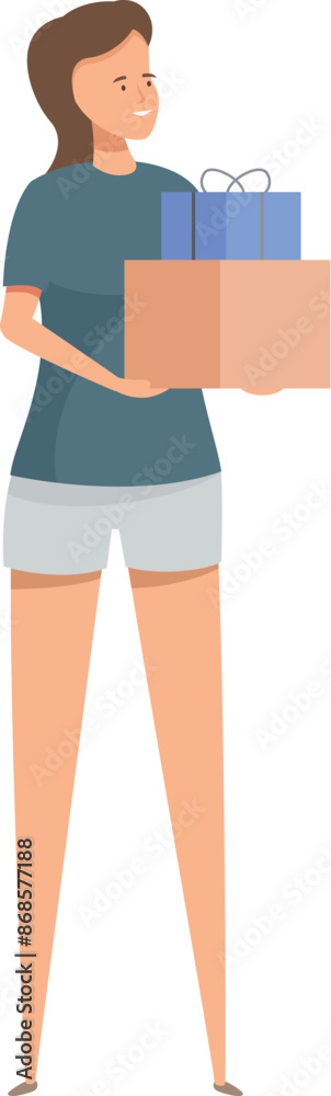 Obraz premium Young woman is holding a donation box with a gift on top