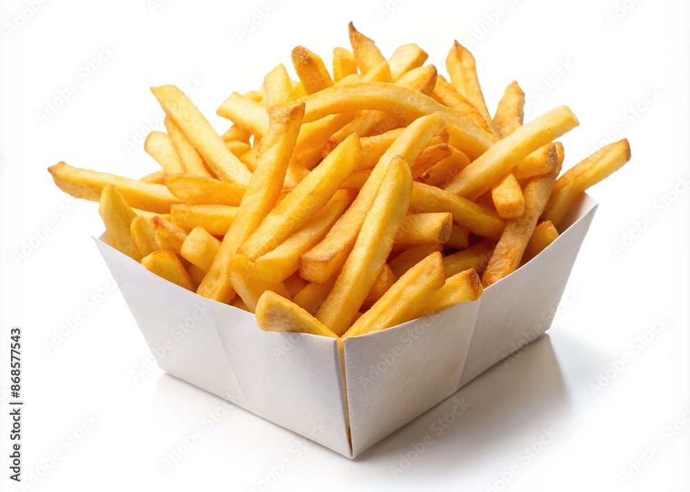 Golden crispy french fries overflowing from a white paper box, isolated on a clean white background, fresh and hot, perfectly seasoned, and utterly appetizing. Golden crispy french fries overflowing from a white paper box, isolated on a clean white background, fresh and hot, perfectly seasoned, and utterly appetizing.