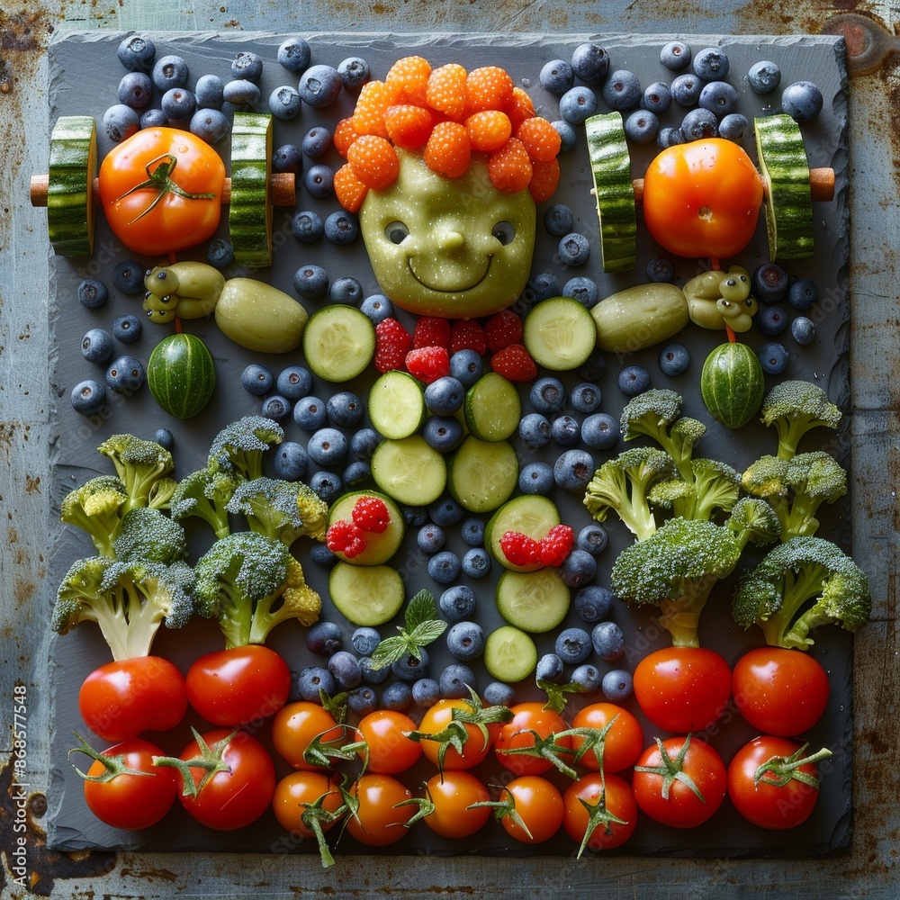 Colorful vegetable and fruit art depicting a weightlifting figure made from tomatoes, cucumbers, broccoli, blueberries, and raspberries. Colorful vegetable and fruit art depicting a weightlifting figure made from tomatoes, cucumbers, broccoli, blueberries, and raspberries.