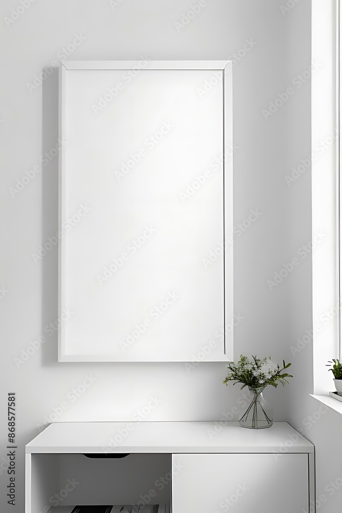 Mockup frame on full white modern table on wall Mockup frame on full white modern table on wall