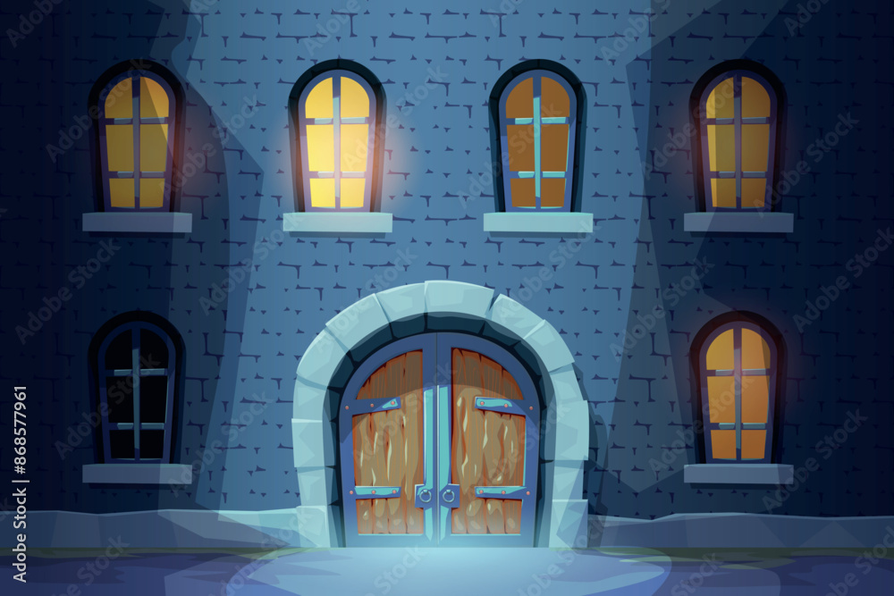 facade view medival house at night moonlight facade view medival house at night moonlight