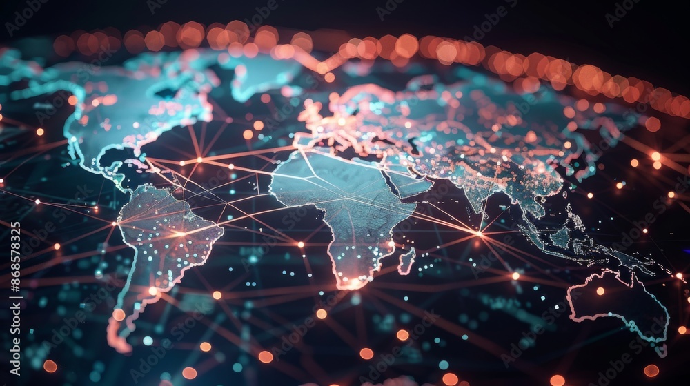 Visualizing the World Map as a Dynamic Trade Network Connecting Global Commerce. Concept Global Trade Networks, World Map