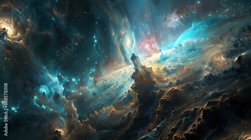 Surreal Fantasy Space Scene with Vibrant Nebulae and Distant Stars in Digital Artwork photo