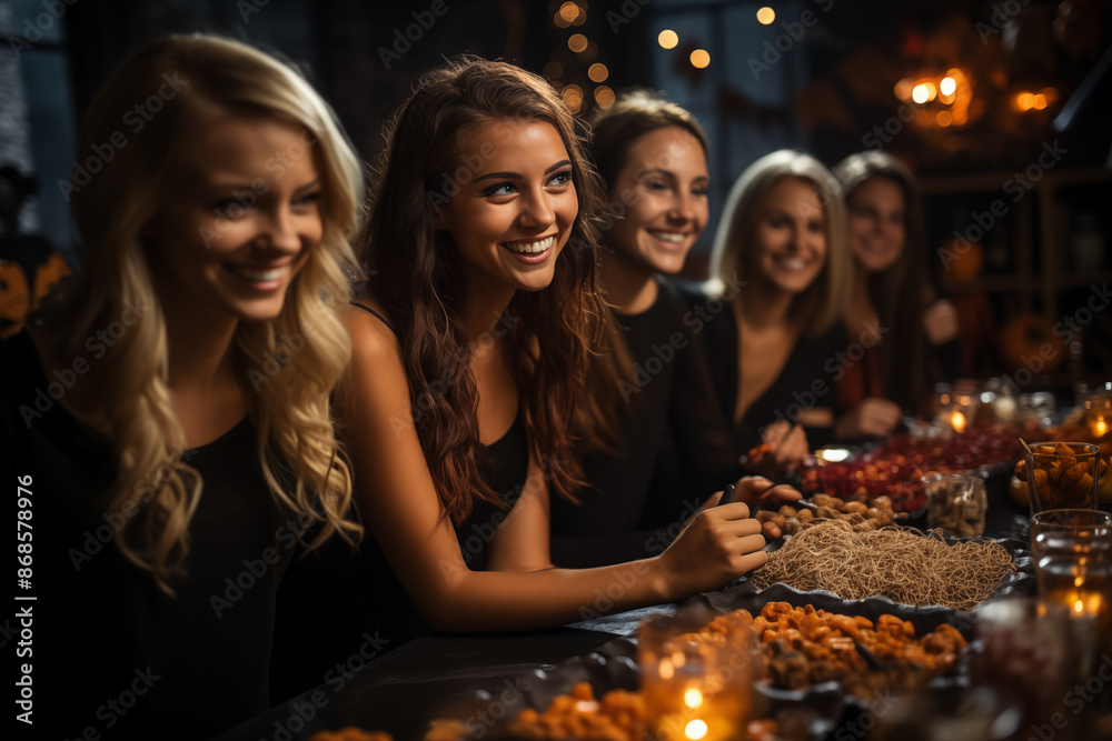 Fototapeta premium A group of friends at a Halloween party, surrounded by themed snacks, drinks, and decorations