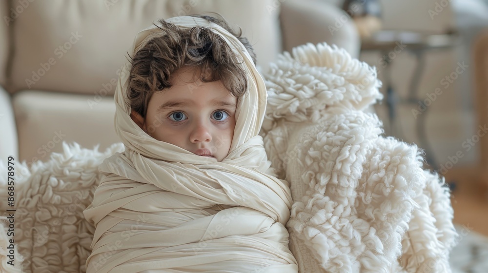 A child wrapped in a soft blanket, looking cozy and warm, while sitting on a couch in a comfortable living room setting. A child wrapped in a soft blanket, looking cozy and warm, while sitting on a couch in a comfortable living room setting.