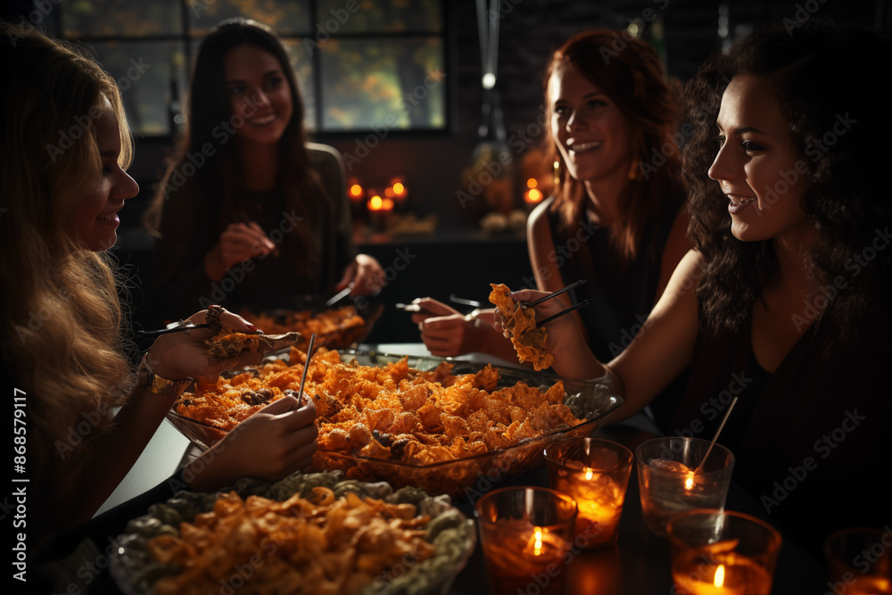 A group of friends at a Halloween party, surrounded by themed snacks, drinks, and decorations A group of friends at a Halloween party, surrounded by themed snacks, drinks, and decorations