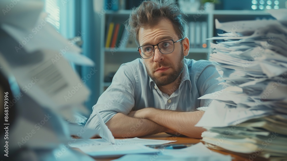 busy clerk surrounded by paperwork. messy office desk full of disorganized papers