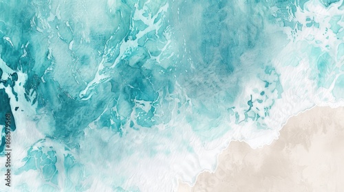 Abstract ocean-inspired watercolor painting featuring vibrant teal waves and calming beige sandy shoreline for a serene coastal vibe.