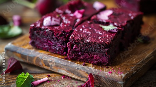 A closeup of a beetroot brownie, showing its dense, moist texture and vibrant reddishpurple color, placed on a rustic wooden board with natural lighting photo
