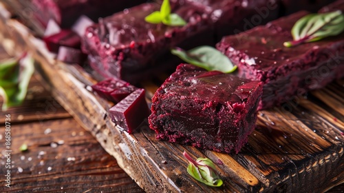 A closeup of a beetroot brownie, showing its dense, moist texture and vibrant reddishpurple color, placed on a rustic wooden board with natural lighting photo
