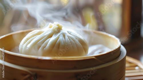 A closeup of a freshly steamed Chinese custard bun