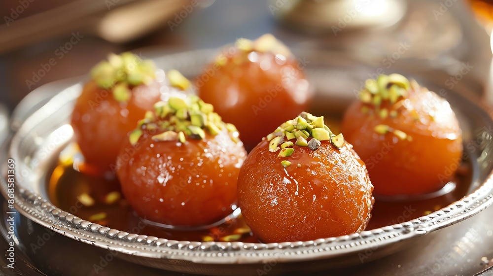 A closeup of an Indian gulab jamun, showing the golden, syrupsoaked spheres with a delicate pistachio garnish, set on a traditional silver plate with warm, ambient lighting A closeup of an Indian gulab jamun, showing the golden, syrupsoaked spheres with a delicate pistachio garnish, set on a traditional silver plate with warm, ambient lighting