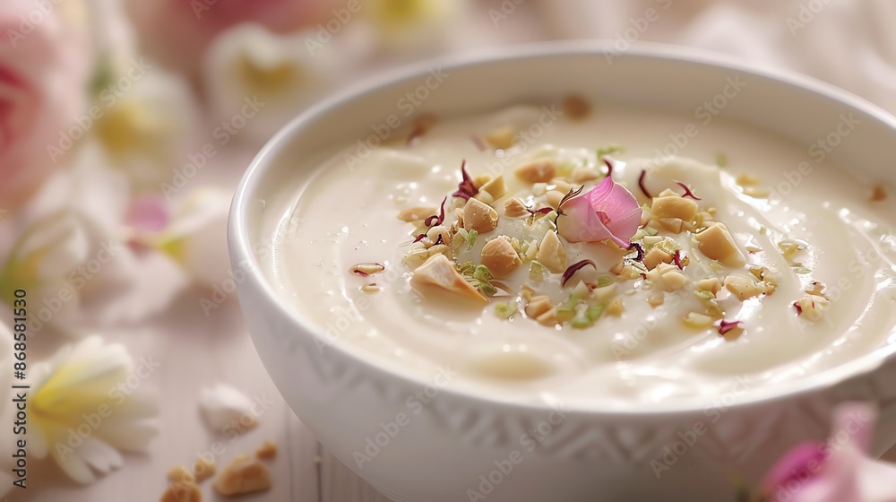 A closeup of creamy, chilled phirni, served in an elegant bowl, garnished with rose syrup and chopped nuts, set against a clean, minimalistic background with soft, ambient lighting A closeup of creamy, chilled phirni, served in an elegant bowl, garnished with rose syrup and chopped nuts, set against a clean, minimalistic background with soft, ambient lighting