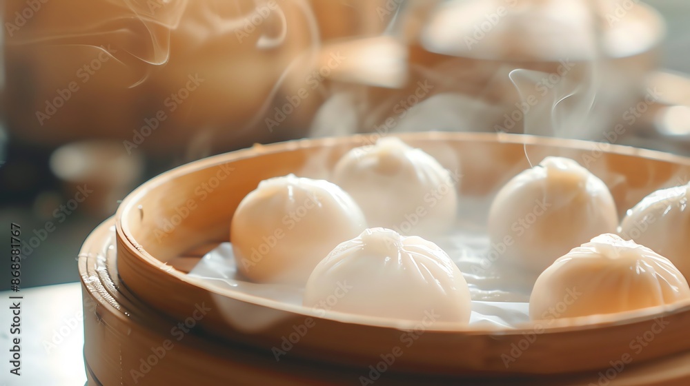 A closeup of freshly steamed manju, with a fluffy exterior and creamy filling, placed on a bamboo steamer with steam rising and natural lighting highlighting the texture A closeup of freshly steamed manju, with a fluffy exterior and creamy filling, placed on a bamboo steamer with steam rising and natural lighting highlighting the texture