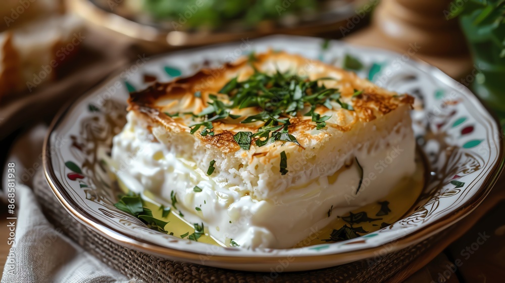 A closeup of Tajik qurutob, showing the layers of yogurt and bread, garnished with fresh herbs, placed on a traditional plate with soft, even lighting