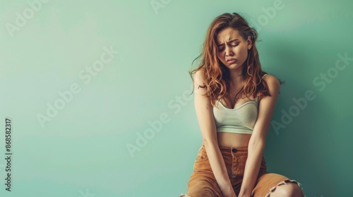 Young woman suffering from menstrual pain on light background