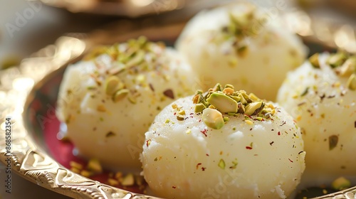 A detailed closeup of soft, fluffy sandesh, garnished with pistachios and saffron, placed on a traditional Bengali plate with soft, natural lighting highlighting the textures photo