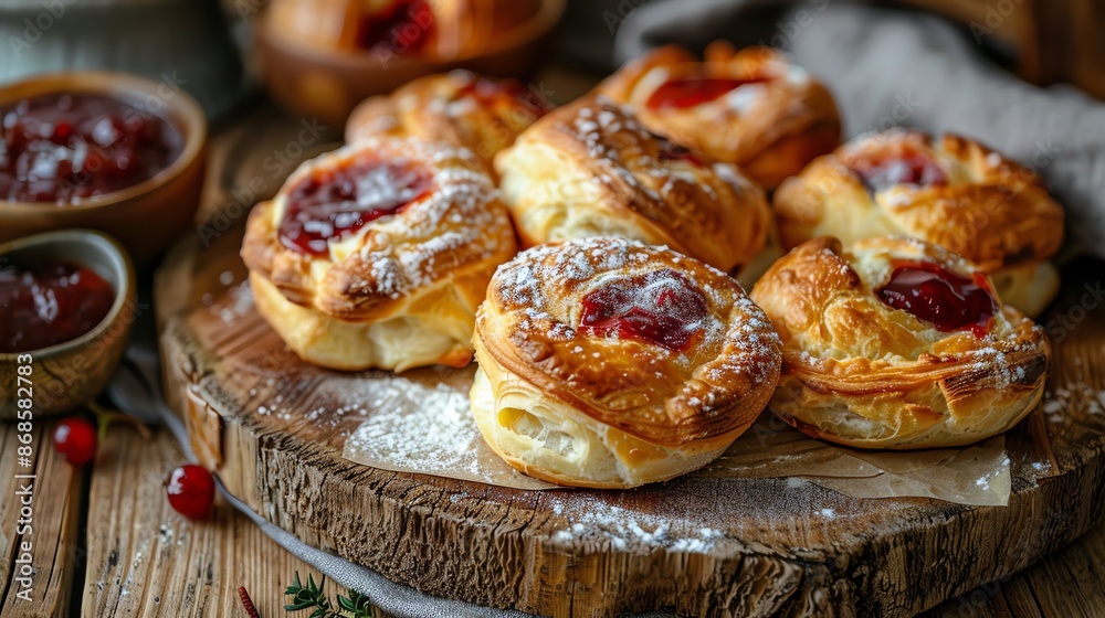 A detailed shot of a Czech kolache, with its sweet, fruitfilled center and soft dough, arranged on a rustic wooden board with natural lighting A detailed shot of a Czech kolache, with its sweet, fruitfilled center and soft dough, arranged on a rustic wooden board with natural lighting