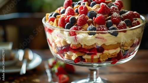 A detailed shot of a British trifle, with its layers of sponge, fruit, and custard, arranged in a stylish glass dish with soft, natural lighting