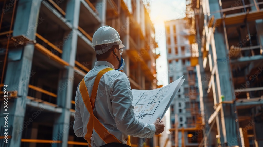 Smart civil architect engineer inspecting man and working outdoors building side with blueprints. engineering and architecture concept Smart civil architect engineer inspecting man and working outdoors building side with blueprints. engineering and architecture concept