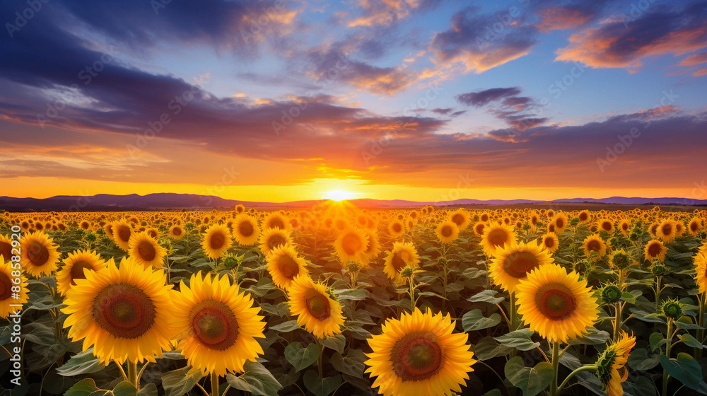 Obraz premium A breathtaking view of a sunflower field at sunset, showcasing vibrant yellow blooms against a dramatic sky. Perfect for nature and landscape themes.