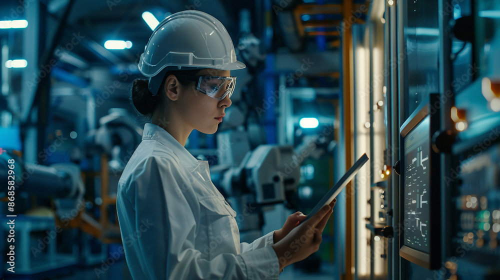 The engineer is ensuring the accuracy of the robotic welding arms. The engineer is ensuring the accuracy of the robotic welding arms.