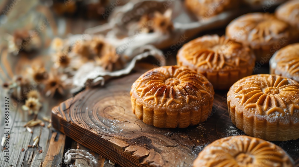 A detailed shot of a Lebanese maamoul, with its intricate, handpressed patterns and date filling, placed on a rustic wooden board with soft, ambient lighting A detailed shot of a Lebanese maamoul, with its intricate, handpressed patterns and date filling, placed on a rustic wooden board with soft, ambient lighting