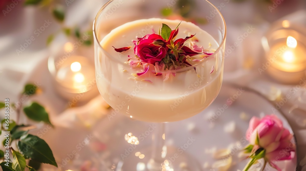 A detailed shot of a rose cardamom panna cotta, with its smooth, creamy texture and delicate floral garnish, arranged in a stylish glass dish with soft lighting A detailed shot of a rose cardamom panna cotta, with its smooth, creamy texture and delicate floral garnish, arranged in a stylish glass dish with soft lighting