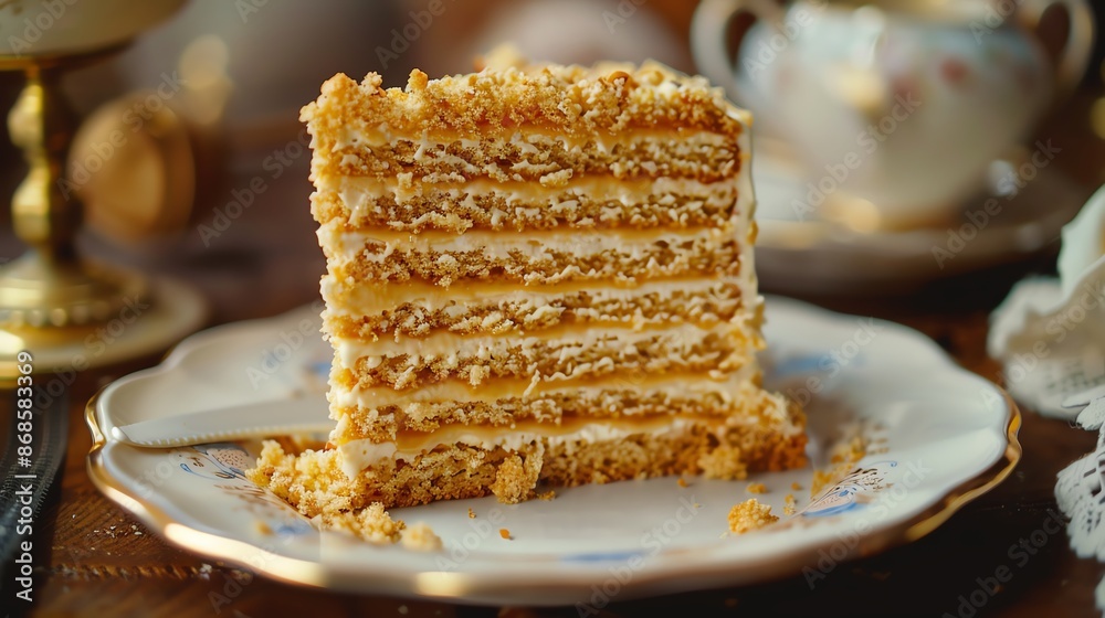 A detailed shot of a Russian honey cake, with its layered, honeyflavored sponginess, arranged on a traditional plate with soft, natural lighting A detailed shot of a Russian honey cake, with its layered, honeyflavored sponginess, arranged on a traditional plate with soft, natural lighting