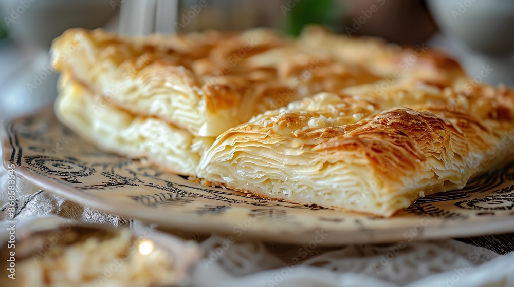 A detailed shot of Armenian gata, showing its flaky, buttery layers and sweet filling, placed on a traditional ceramic plate with natural lighting A detailed shot of Armenian gata, showing its flaky, buttery layers and sweet filling, placed on a traditional ceramic plate with natural lighting