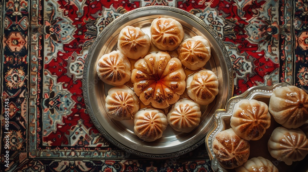 A detailed shot of Iranian zoolbia, with its intricate, syrupsoaked patterns, arranged on a traditional plate against a Persian carpet backdrop with soft lighting