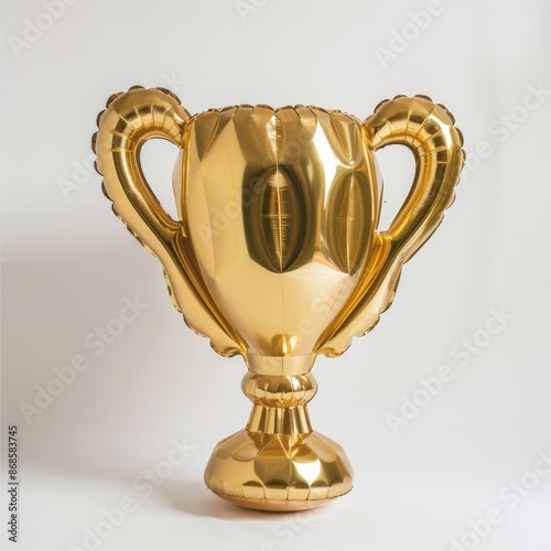 An inflatable gold trophy, celebratory and shiny, presented on a white background. 