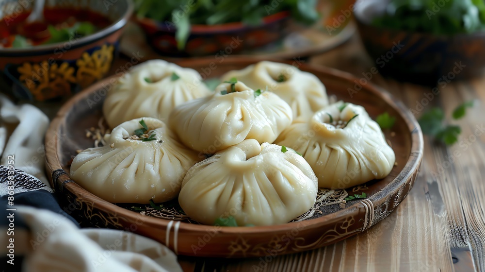A detailed shot of Kyrgyz oromo, with its rolled, steamed dough layers and savory filling, placed on a traditional wooden board with soft, natural lighting A detailed shot of Kyrgyz oromo, with its rolled, steamed dough layers and savory filling, placed on a traditional wooden board with soft, natural lighting