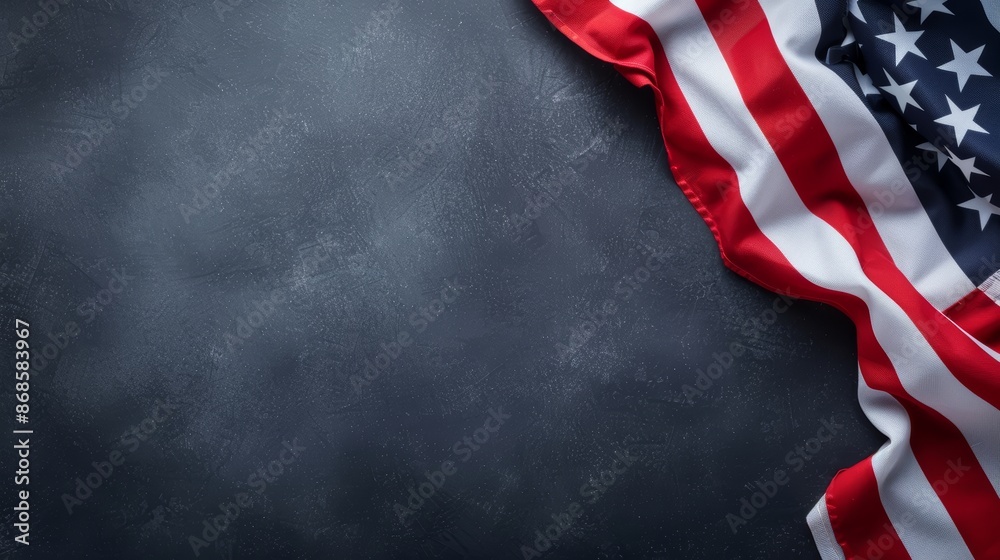Fototapeta premium United States flag on dark background with text space. Concept of celebrating Labor Day and Independence Day