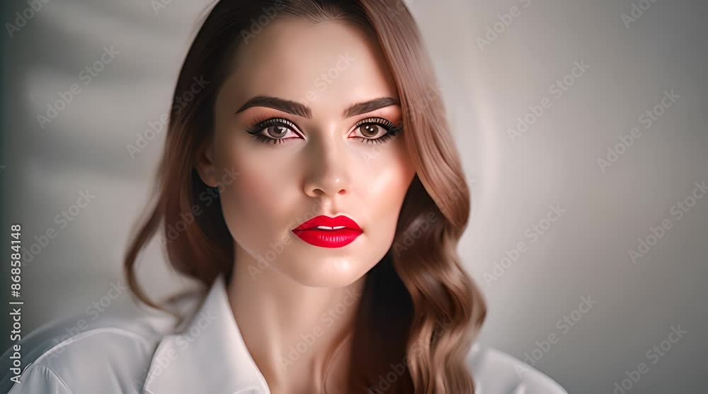 Beautiful white girl with red lips looks to the camera. Stunning brunette girl. young beautiful woman with a healthy clean skin. Pretty woman with bright makeup of eyes