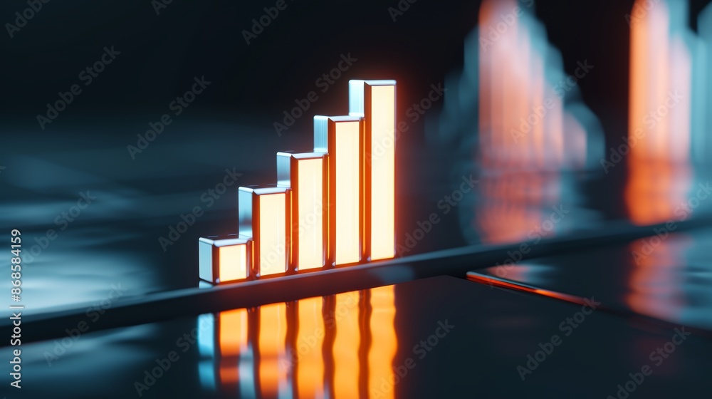 Obraz premium Neon bar graph in a futuristic setting, glowing bars on a sleek dark reflective surface, symbolizing technological progress and data expansion, dynamic lighting