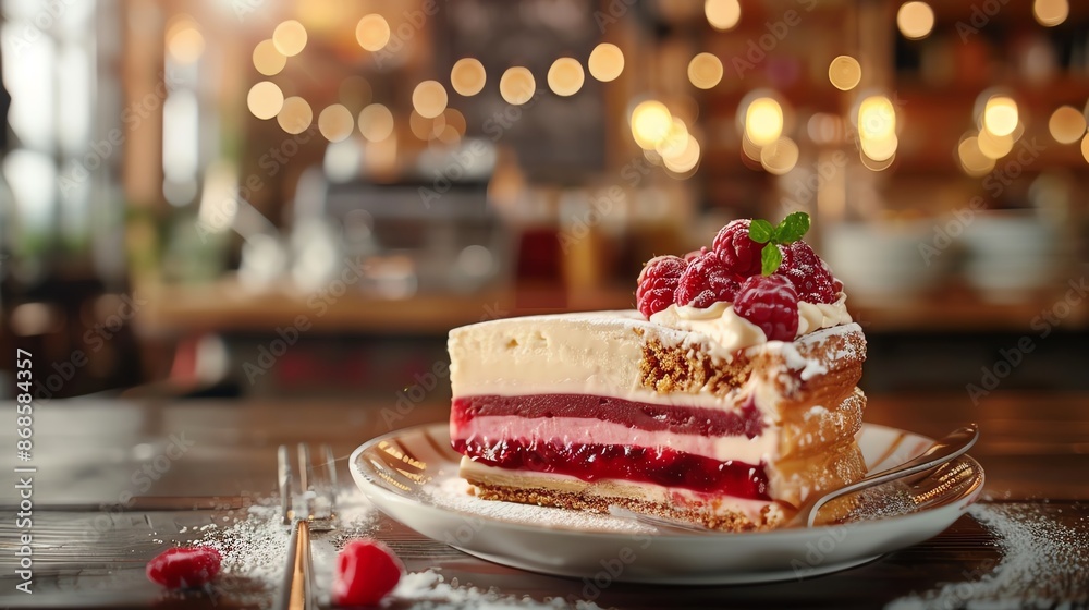 A dynamic image of a Finnish runeberg torte, with its almond and raspberry filling, set against a traditional Finnish cafe backdrop with warm lighting