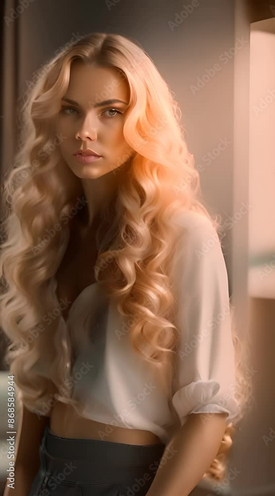 Beauty blonde girl with long and shiny wavy hair. Beautiful woman model with curly hairstyle Fashion
