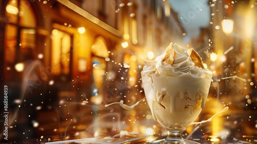 A dynamic image of an Italian zabaglione, with its creamy, foamy texture, set against a traditional Italian cafe backdrop with warm lighting