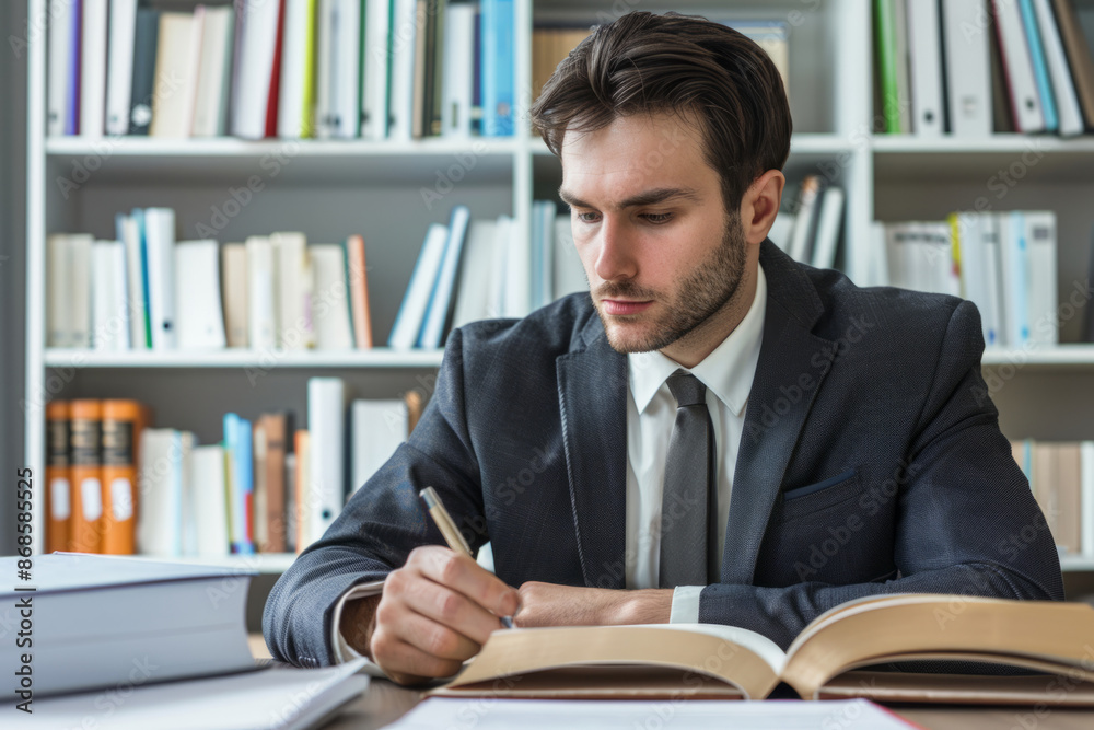 Man in a suit studying books in an office. Concentration and dedication to work