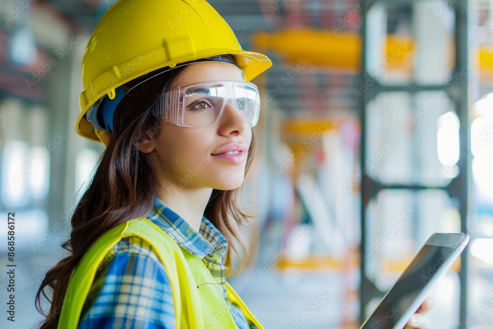 Female construction worker wearing a hard hat and safety glasses, holding a tablet while inspecting a building site Female construction worker wearing a hard hat and safety glasses, holding a tablet while inspecting a building site