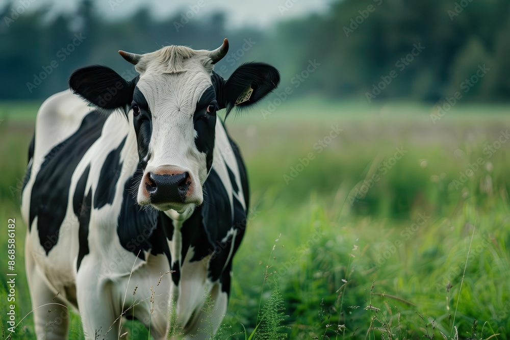 majestic holstein cow standing in lush green field crisp details of black and white coat soft lighting and pastoral background create serene farm atmosphere majestic holstein cow standing in lush green field crisp details of black and white coat soft lighting and pastoral background create serene farm atmosphere