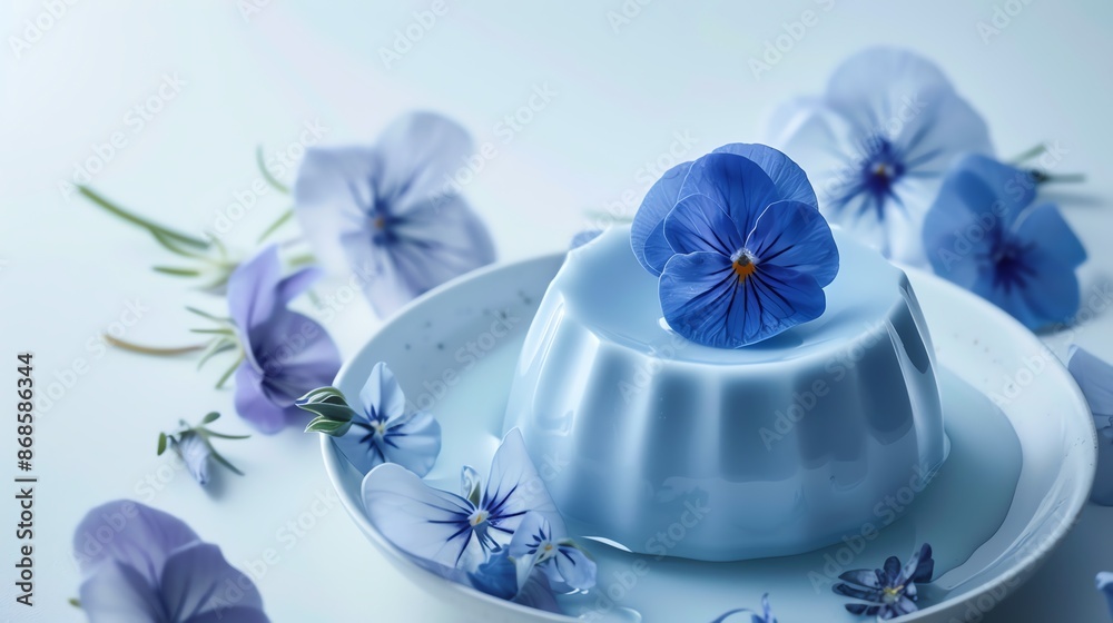 A luxurious image of a blue pea flower tea panna cotta, with its vibrant blue color and creamy texture, set against a minimalistic white background with soft, ambient lighting A luxurious image of a blue pea flower tea panna cotta, with its vibrant blue color and creamy texture, set against a minimalistic white background with soft, ambient lighting