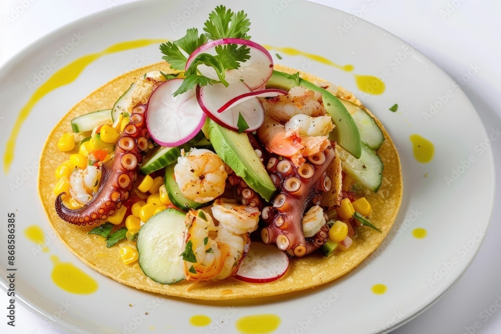 Mouthwatering Seafood Tostada with Octopus, Calamari, and Shrimp Mouthwatering Seafood Tostada with Octopus, Calamari, and Shrimp